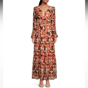 Gianni Bini Lillian Copper Palm Print Deep V-Neck Cut-Out Tiered Dress